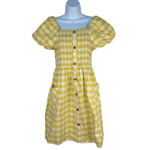 Yellow Gingham Smocked Button Down Square Neck Dress Puff Sleeves & Pockets XL